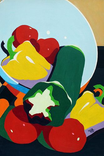 Modern still life of bowl with vegetables