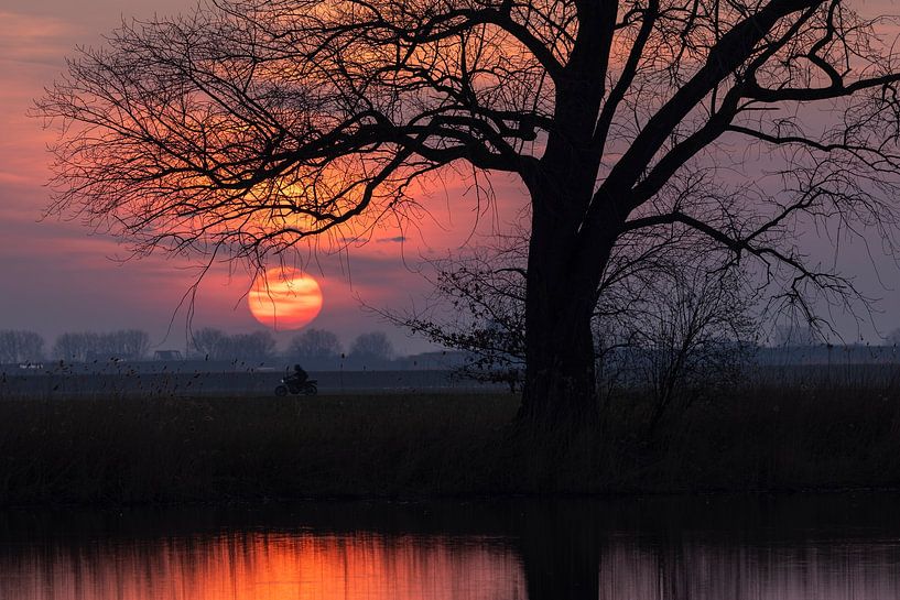 Soleil rouge avec silhouette d'un motocycliste par Zwoele Plaatjes