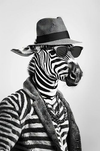 Zebra met hoed en zonnebril in zwart en wit