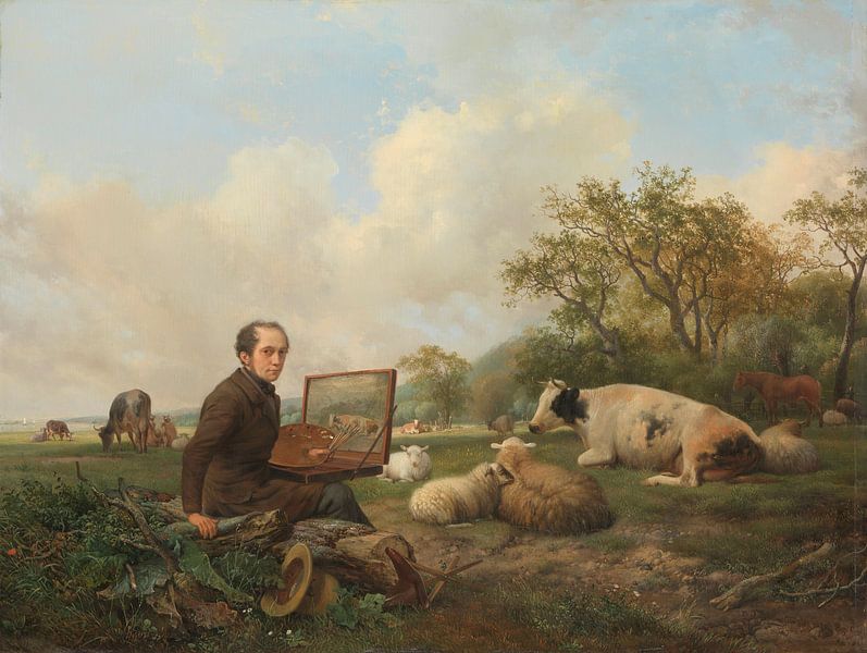 Peinture dans un paysage de prairie avec du bétail par Des maîtres magistraux