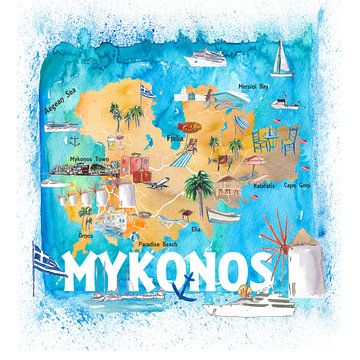Mykonos Griechenland - illustrierte Karte mit den wichtigsten Straßen, Sehenswürdigkeiten und Highli von Markus Bleichner