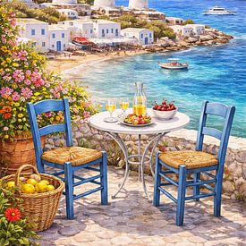 Blick vom Seaside Café auf Mykonos mit Windmühlen von Dodik Hariyono