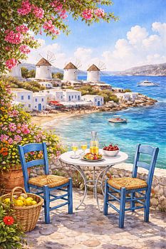 Blick vom Seaside Café auf Mykonos mit Windmühlen