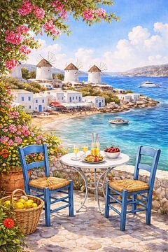 Uitzicht op het Seaside Café in Mykonos met windmolens