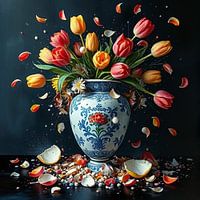 Delft blue style vase in shards coloured with tulips.