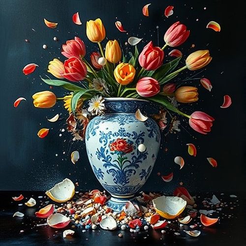 art modern delfts blauwe stijl vaas in scherven gekleurd met tulpen.