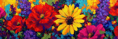 Bloemen Schilderij | Abstracte Bloemencompositie met Geel