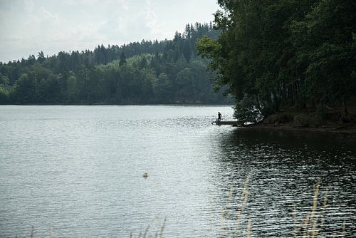 In the distance, at the edge of a large lake, a fisherman