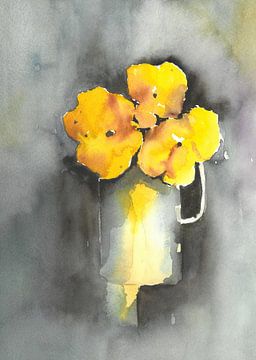 Gelbe Blumen in Vase. von Jose Leeuwis