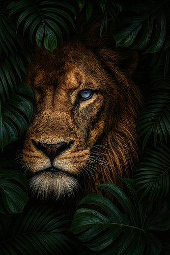 Leeuw tussen palmbladeren – half gezicht vol kracht