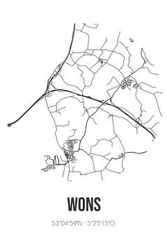 Wons (Fryslan) | Karte | Schwarz und weiß von Rezona