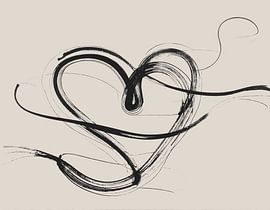 Minimal Art - abstraktes Kunstwerk mit schwarzen Linien auf beigem Hintergrund - Herzform von Emiel de Lange