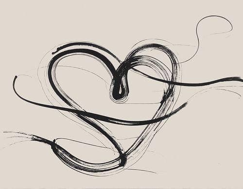 Minimal art - abstract kunstwerk met zwarte lijnen op beige ondergrond - hart vorm