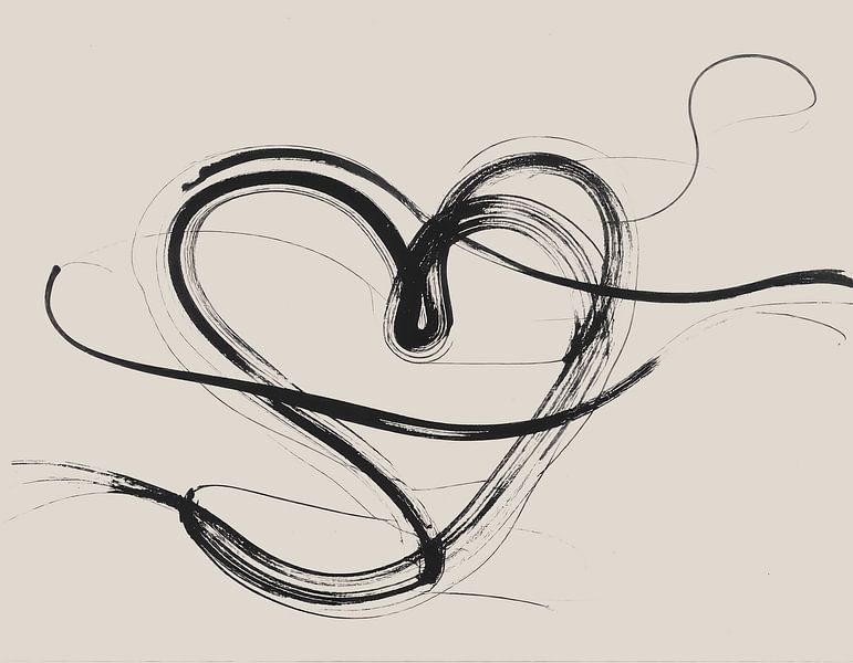 Minimal art - abstract artwork with black lines on beige background - heart shape by Emiel de Lange