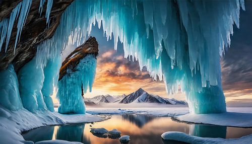 Ice cave with mountain and snow