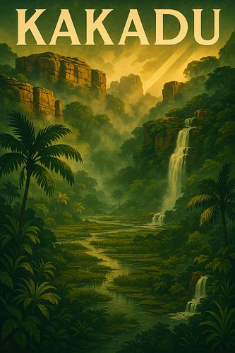 Spirit of Kakadu – Vintage Jungle & Waterfall Illustration