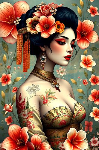Geisha oosterse vrouw met bloemen