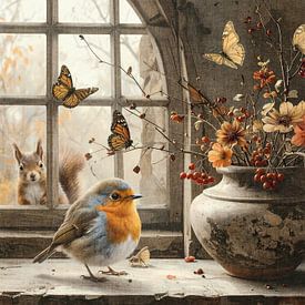 Rotkehlchen bei einer Vase mit roten und orangefarbenen Blumen – Schmetterlinge und Eichhörnchen von Emiel de Lange