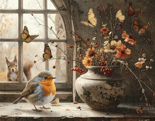 Robin near vase with red and orange flowers - butterflies and squirrel by Emiel de Lange