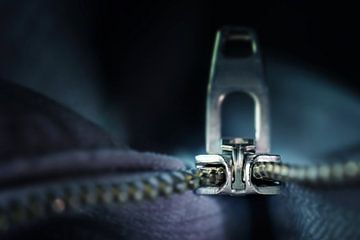 metal zipper macro shot, incisive technical invention for sewing and clothing industries, dark blue- by Maren Winter