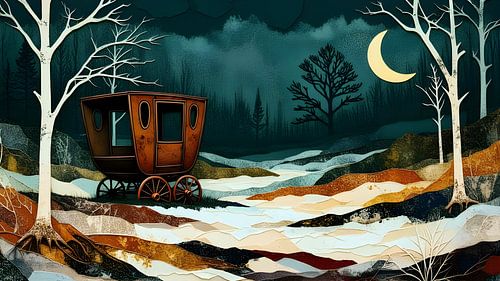 Zigeunerwagen in het bos bij maanlicht