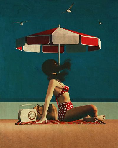 Retro stijl schilderij van een meisje op het strand