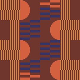 Abstrakte geometrische Kunst im Retrostil in braun, kobaltblau, orange von Dina Dankers
