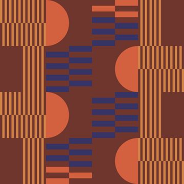 Abstracte geometrische kunst in retrostijl in bruin, kobaltblauw, oranje van Dina Dankers