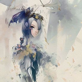 Anime artwork in oil paint style in lilac blue and off-white by Emiel de Lange