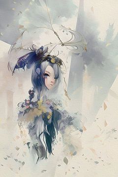 Anime artwork in oil paint style in lilac blue and off-white by Emiel de Lange