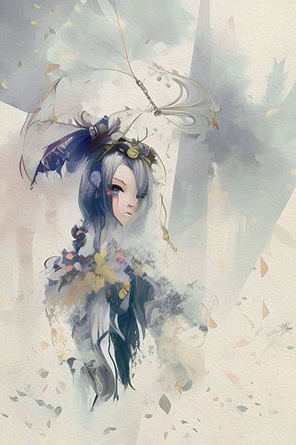 Anime kunstwerk in olieverf stijl in lila blauw en gebroken wit
