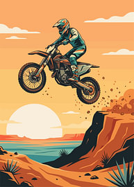 Motocross-Fahrer im Sprung über eine Klippe, Sonnenuntergang am Meer, flacher Vektor von Adam Khabibi