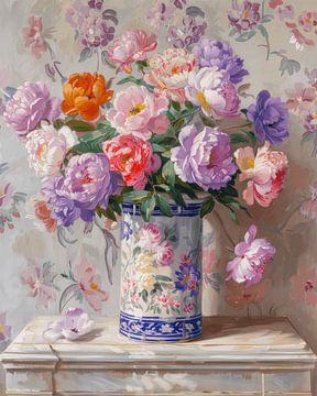 Bouquet de pivoines dans un vase, couleurs pastel