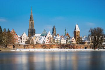 Panorama of the city of Ulm in winter with snow, with river Danube and Ulm Cathedral