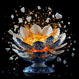 Eine delftblaue Vase in Lotusform mit Porzellanscherben und Gold. von J.a Dijkstra