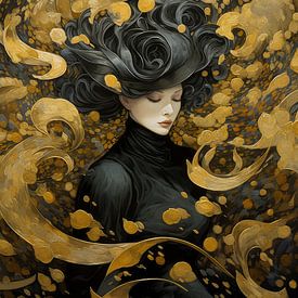 The magic of gold, black and a beautiful Asian woman. by Digitale Schilderijen