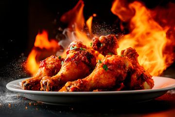Cuisses de poulet enflammées dans l'assiette sur Poster Art Shop