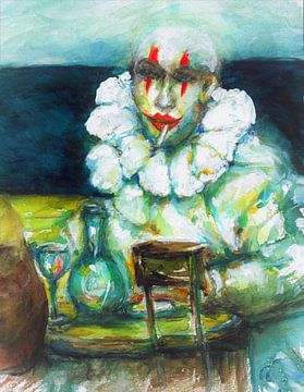 De Clown in het blauwe uur. Geïnspireerd door Edward Hoppe.Handgeschilderd. van Ineke de Rijk