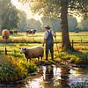 Agriculteur sous un arbre près d'un pré sur Digital Art Nederland
