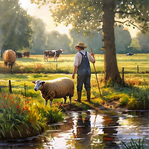 Boer onder boom bij weide