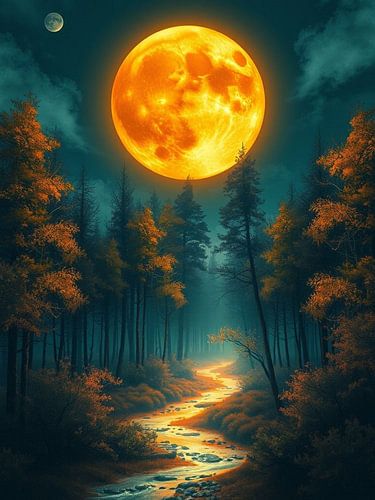 A Luminous Stream Guides Through Ancient Autumnal Forests Under a Celestial Glow