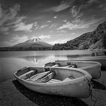 Idylle bij het Shoji-meer met de berg Fuji | monochrom van Melanie Viola