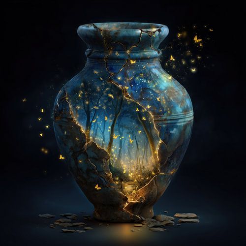 Magical forest with golden butterflies in a blue vase