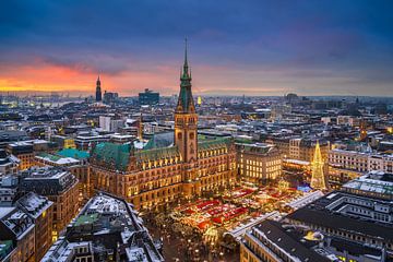 Stadhuis en kerstmarkt in Hamburg, Duitsland van Michael Abid