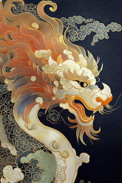 Golden dragon with fiery mane in artistic style by Digitale Schilderijen