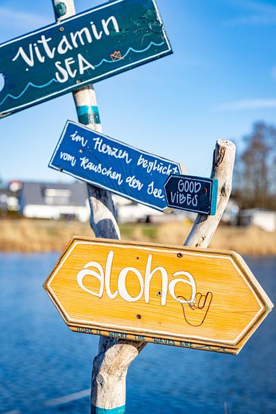 Beach signs with positive messages by David Krause