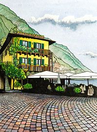 Limone sul Garda | Piazza Garibaldi | Italy | Watercolour painting by WatercolorWall