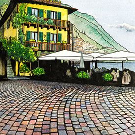 Limone sul Garda | Piazza Garibaldi | Italie | Aquarel schilderij van WatercolorWall