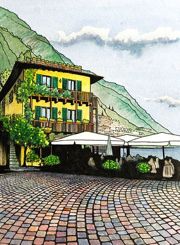 Limone sul Garda | Piazza Garibaldi | Italy | Watercolour painting by WatercolorWall