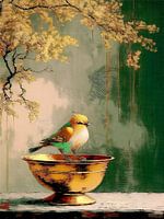 Stilleven schilderij. Nieuwsgierig vogeltje op koperen schaal